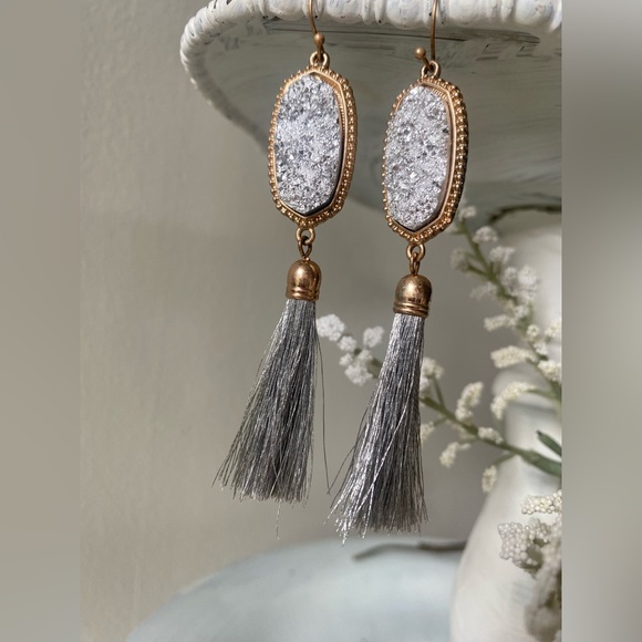 Silver Druzy Tassel Dangle Earrings - Picture 6 of 14